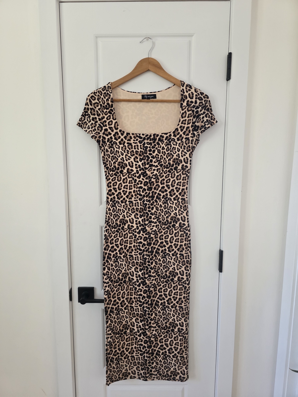 City Chic Leopard-Print Square Neck Midi Dress in Beige and Black